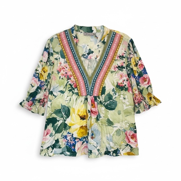 Anthropologie Bl-nk London Stephanie Top Green Floral Size Medium EUC - Picture 3 of 9